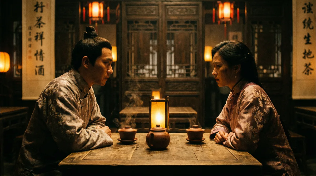 蜜桃视频古装剧情片拍摄剧照-茶馆对话场景